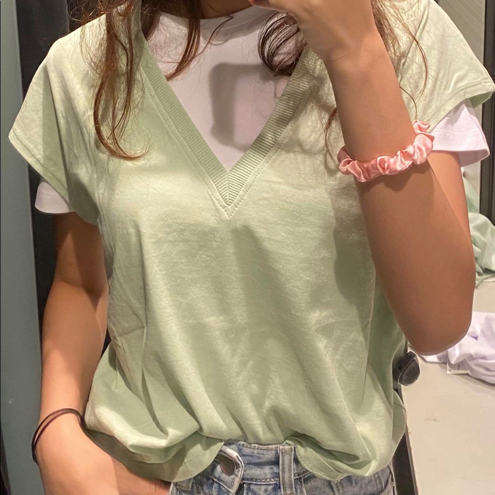 Zara Green Cut Off Sleeve V-Neck Shirt